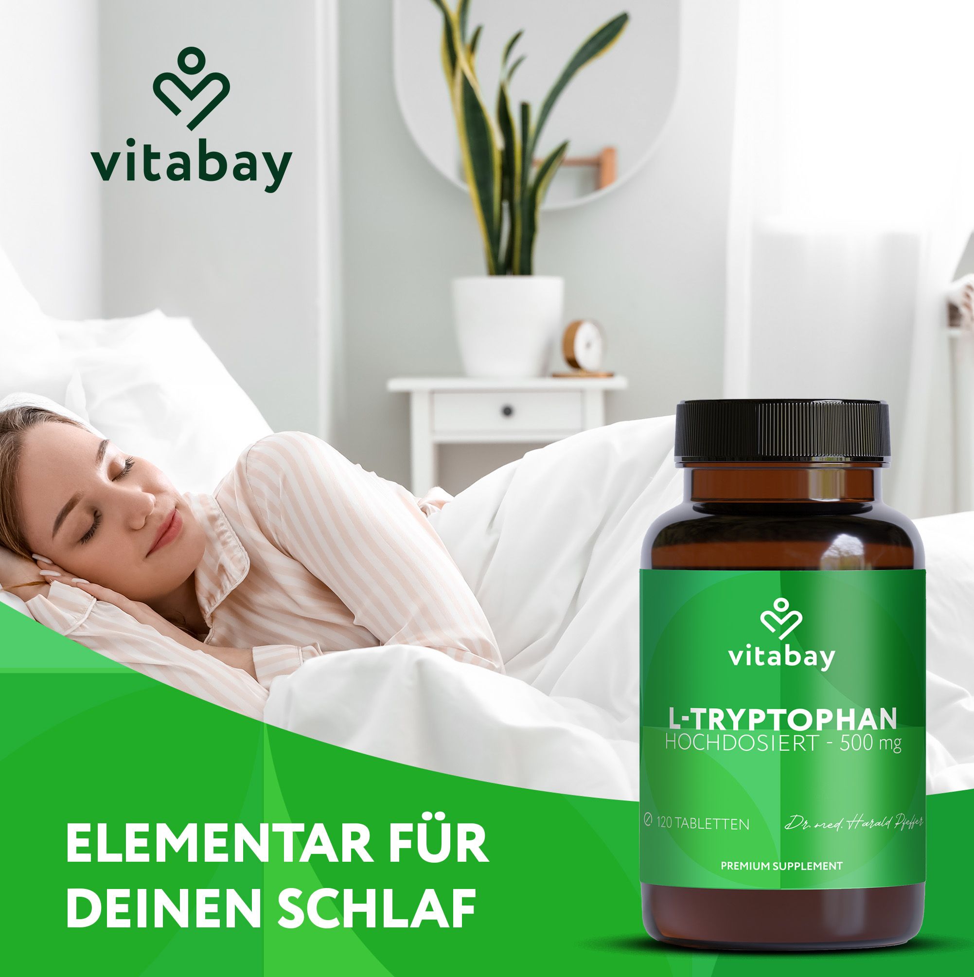 Frau schläft in einem Bett, Vitabay L-Tryptophan 500 mg Flasche daneben.
