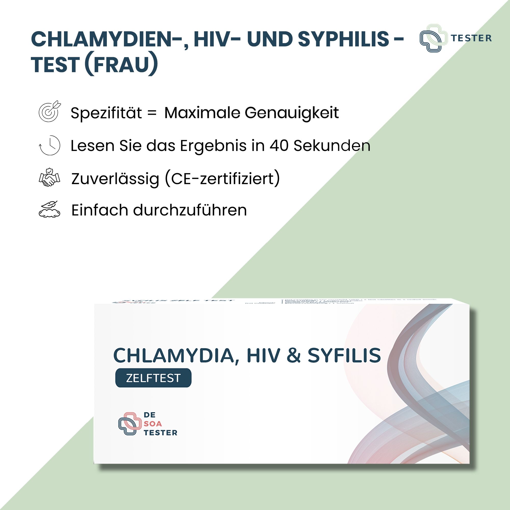 Produktverpackung für Chlamydien-, HIV- und Syphilis-Test (Frau). Weiß, mit Text und Logo. CE-zertifiziert.