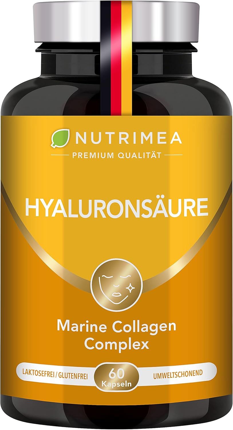 Schwarze Flasche mit gelbem Etikett. Text: Hyaluronsäure, Marine Collagen Complex, 60 Kapseln, laktosefrei/glutenfrei, umweltschonend.