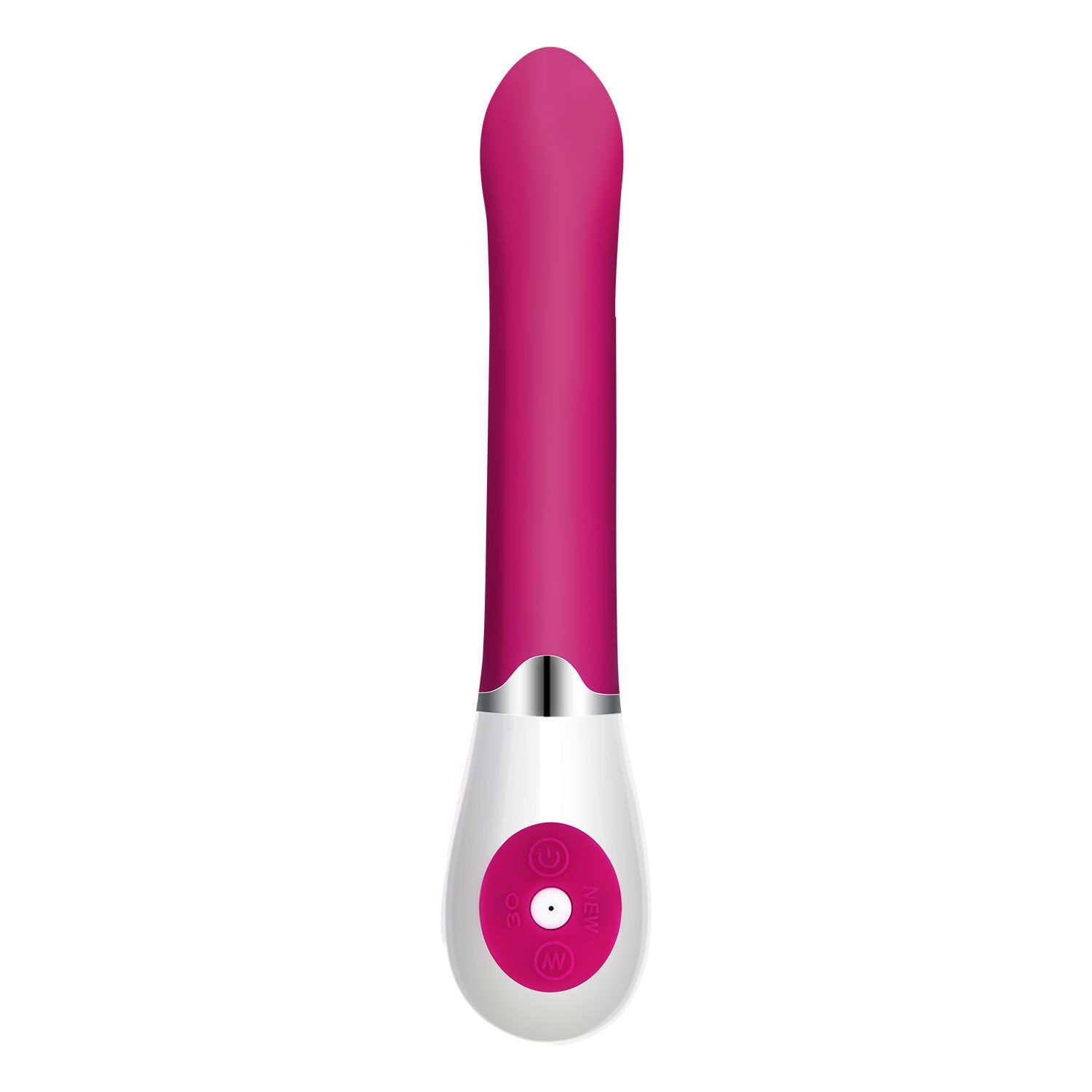 Vibrator mit pinkfarbenem Schaft und weißem Unterteil. Ein Knopf ist sichtbar.