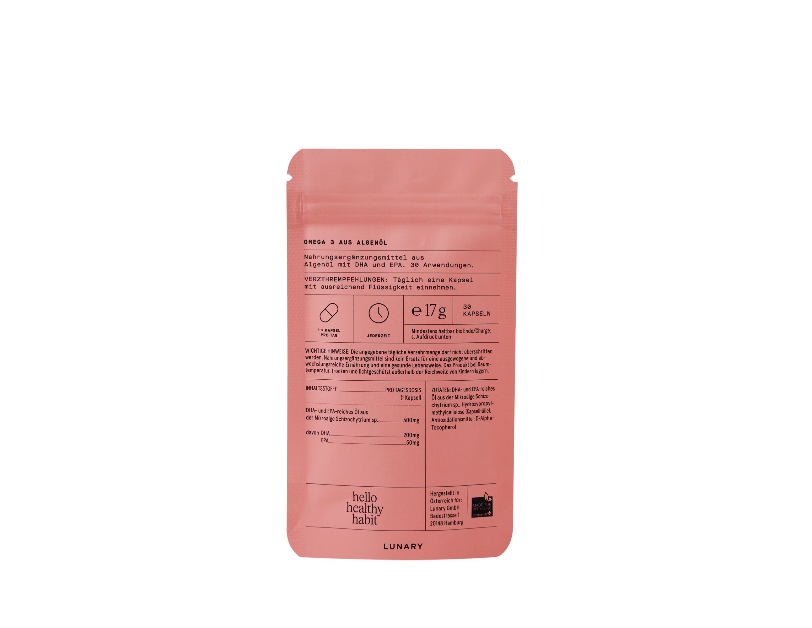 Rückseite des rosa Beutels mit Produktinformationen. Text in deutscher Sprache.