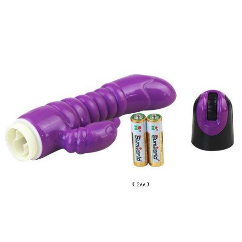 Lila Vibrator, zerlegt. Enthält Batterien und eine schwarze Kappe. Batterien: 2x AA. Weißer Einsatz.
