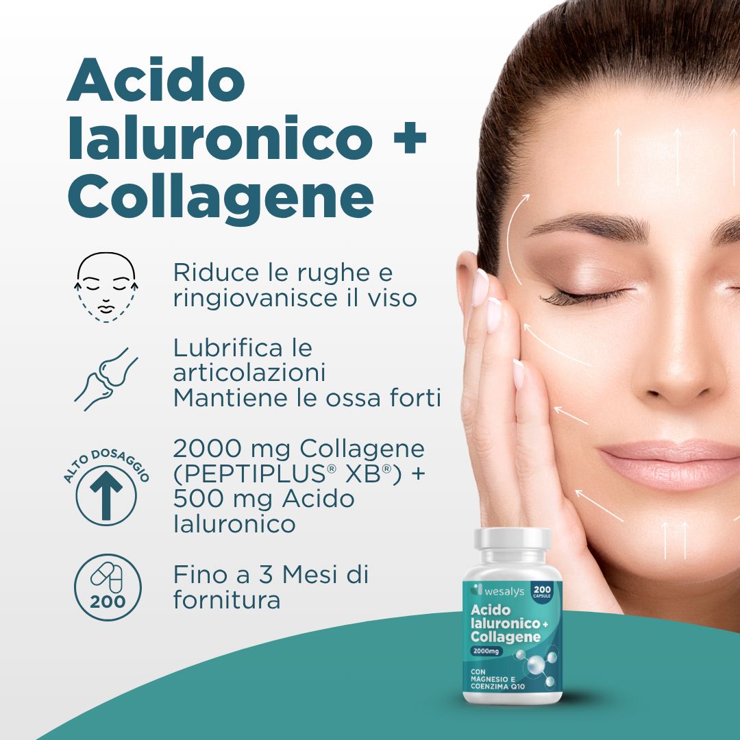 Donna che si tocca il viso. Testo: Acido Ialuronico + Collagene. Riduce le rughe, ringiovanisce il viso. 2000 mg collagene, 200 capsule.