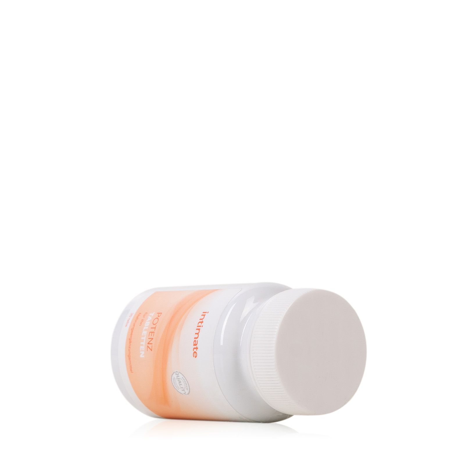 Flasche "POTENZ Tabletten" liegt. Etikett sichtbar.