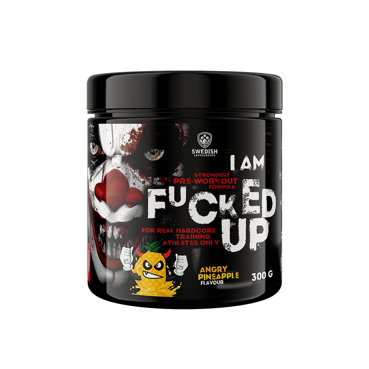 Schwarze Dose mit Aufdruck. "FUCKED UP" und "ANGRY PINEAPPLE FLAVOUR" Text. Marke: Swedish Supplements. 300g.