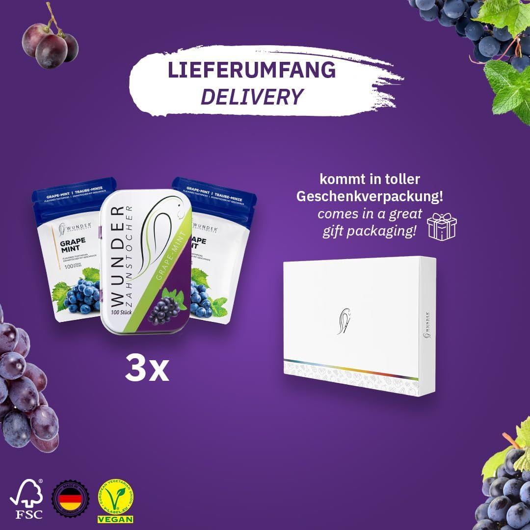 Drei Packungen Zahnstocher und eine Geschenkbox. Text: "Lieferumfang". Trauben- und Minz-Illustrationen. Text: "Geschenkverpackung".