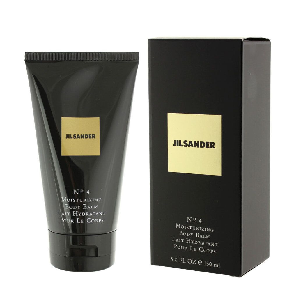 Schwarze Tube und Schachtel. Aufschrift: Jil Sander, No. 4, Moisturizing Body Balm. Goldfarbenes Etikett. 150 ml.