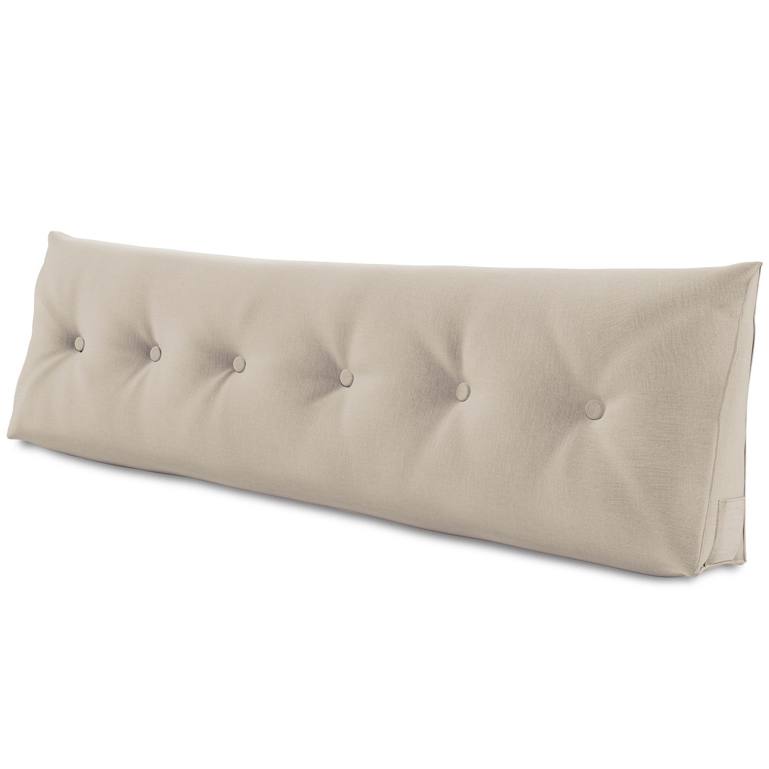 Beige Stützkissen mit Knöpfen. Rechteckige Form mit abgerundeten Ecken. Stoffbezug mit sechs Knöpfen. Dreieckige Seiten.