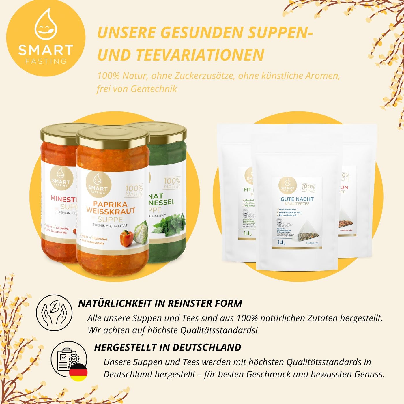 Gläser mit Suppen und Teebeutel. Smart Fasting, 100% Natur, ohne Zuckerzusatz, ohne künstliche Aromen, frei von Gentechnik. Hergestellt in Deutschland.