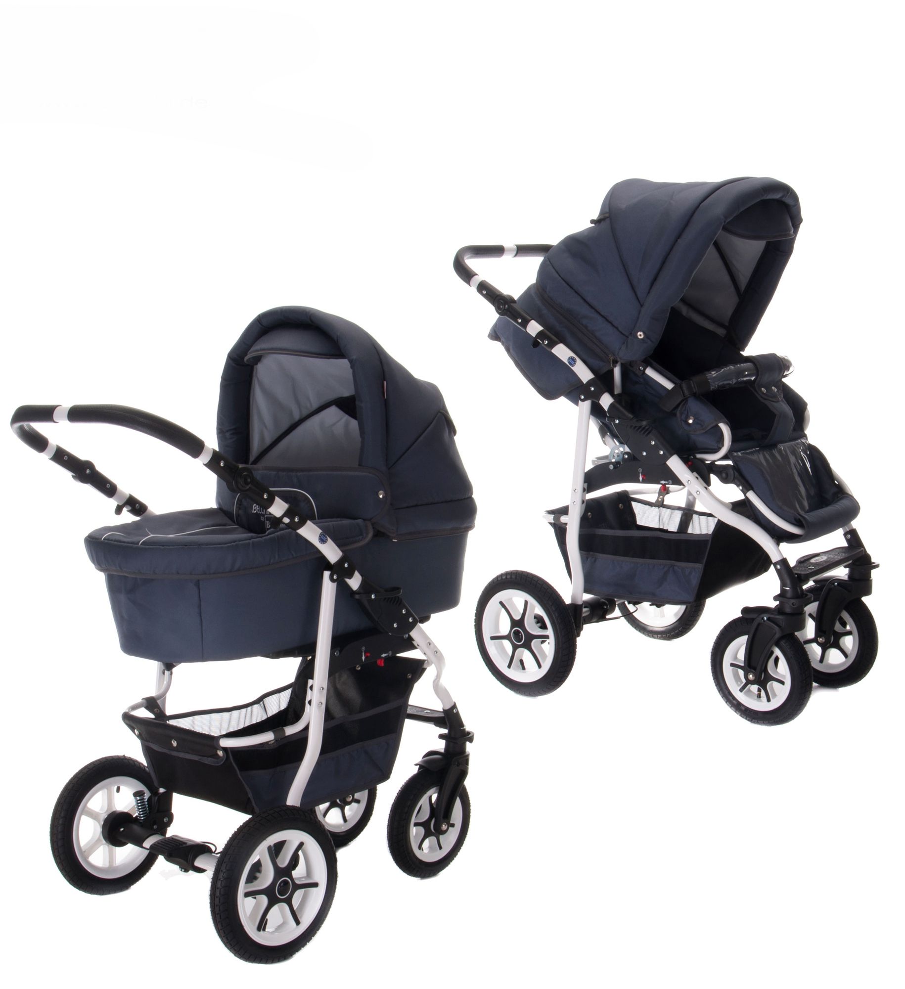 Kombikinderwagen Bellagrey, dunkelblau. Vier Räder, weißes Gestell, verstellbarer Griff, Babywanne und Sportsitz.