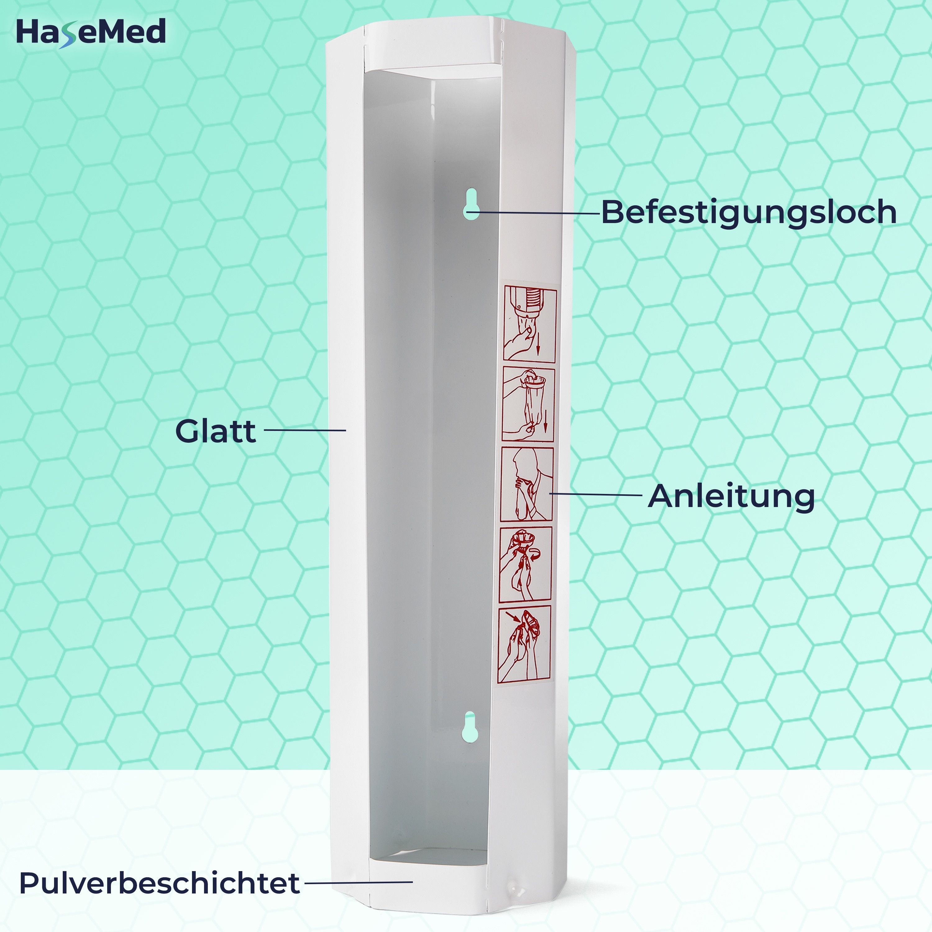 Weißer Metallspender für Spuckbeutel, XL. Beschriftung: HaseMed, Befestigungslöcher, Anleitung, pulverbeschichtet, glatt.