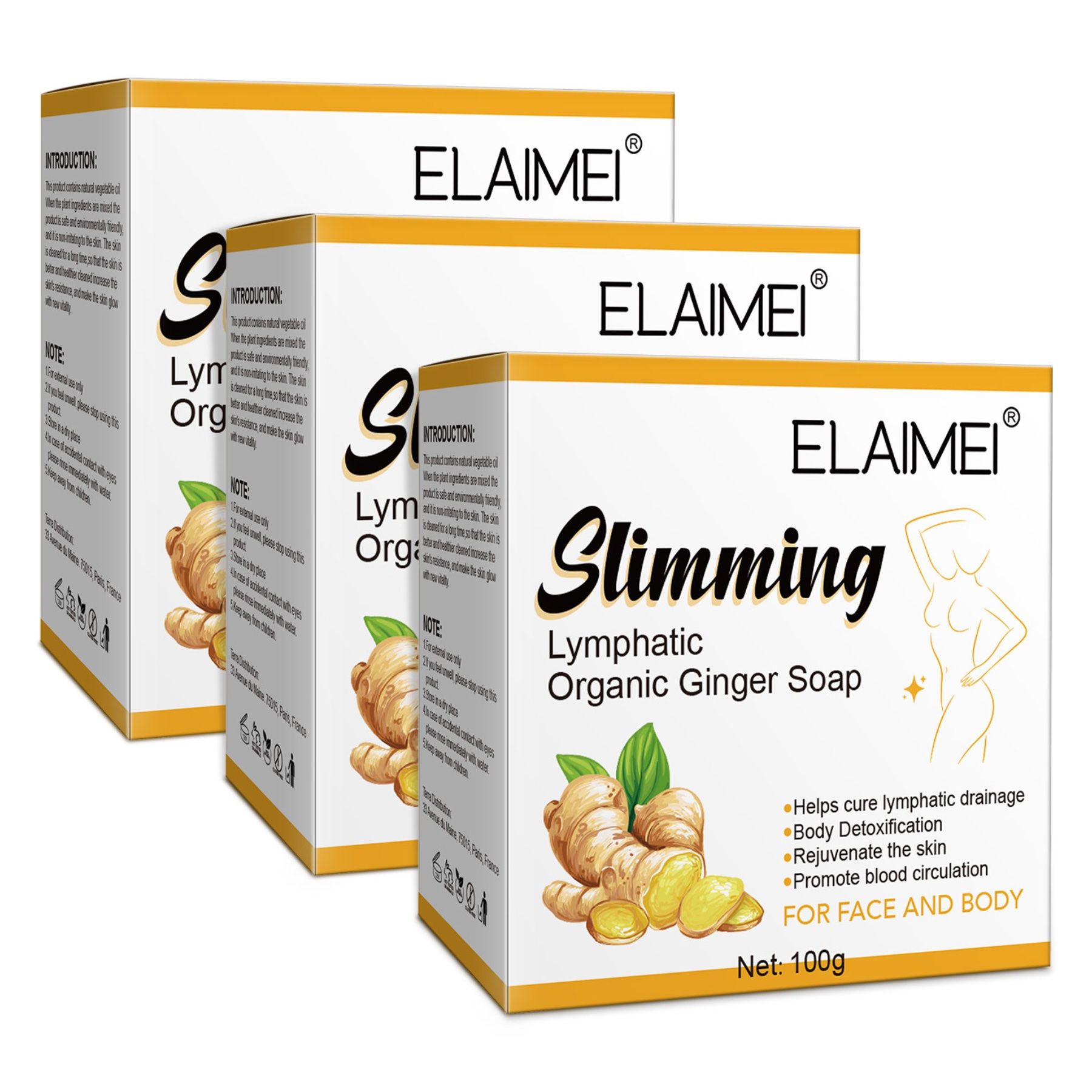 Drei Kartons mit Seife. Aufschrift: ELAIMEI, Slimming Lymphatic Organic Ginger Soap. Abbildung von Ingwer.