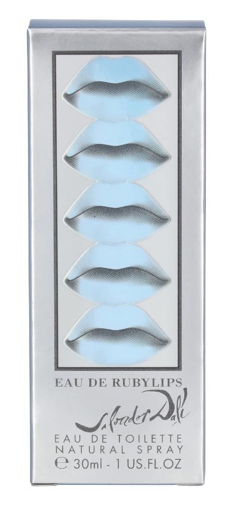 Verpackung Eau de Rubylips. Silberne Verpackung mit Lippen-Motiv. Text: Eau de Rubylips, Salvador Dalí, Eau de Toilette.