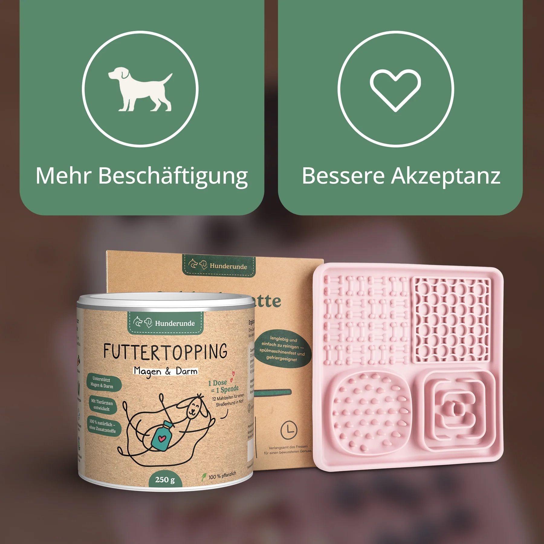 Futtertopping Magen & Darm, Dose und Zubehör. Mehr Beschäftigung und bessere Akzeptanz. Rosa Futterlabyrinthe.