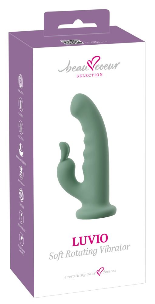 Verpackung für einen grünen Vibrator. Marke: beau coeur. Produktname: LUVIO Soft Rotating Vibrator. Lila und weiße Box.