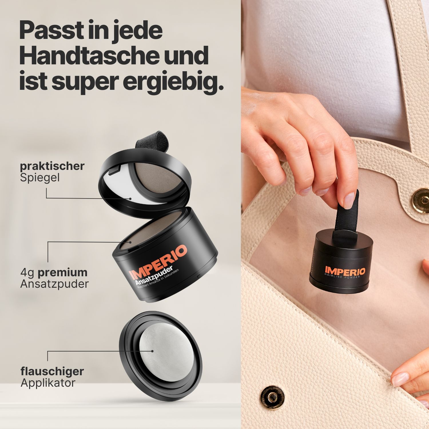 IMPERIO® Ansatzpuder - kaschiert herauswachsende Ansätze & kahle Stellen im Haar