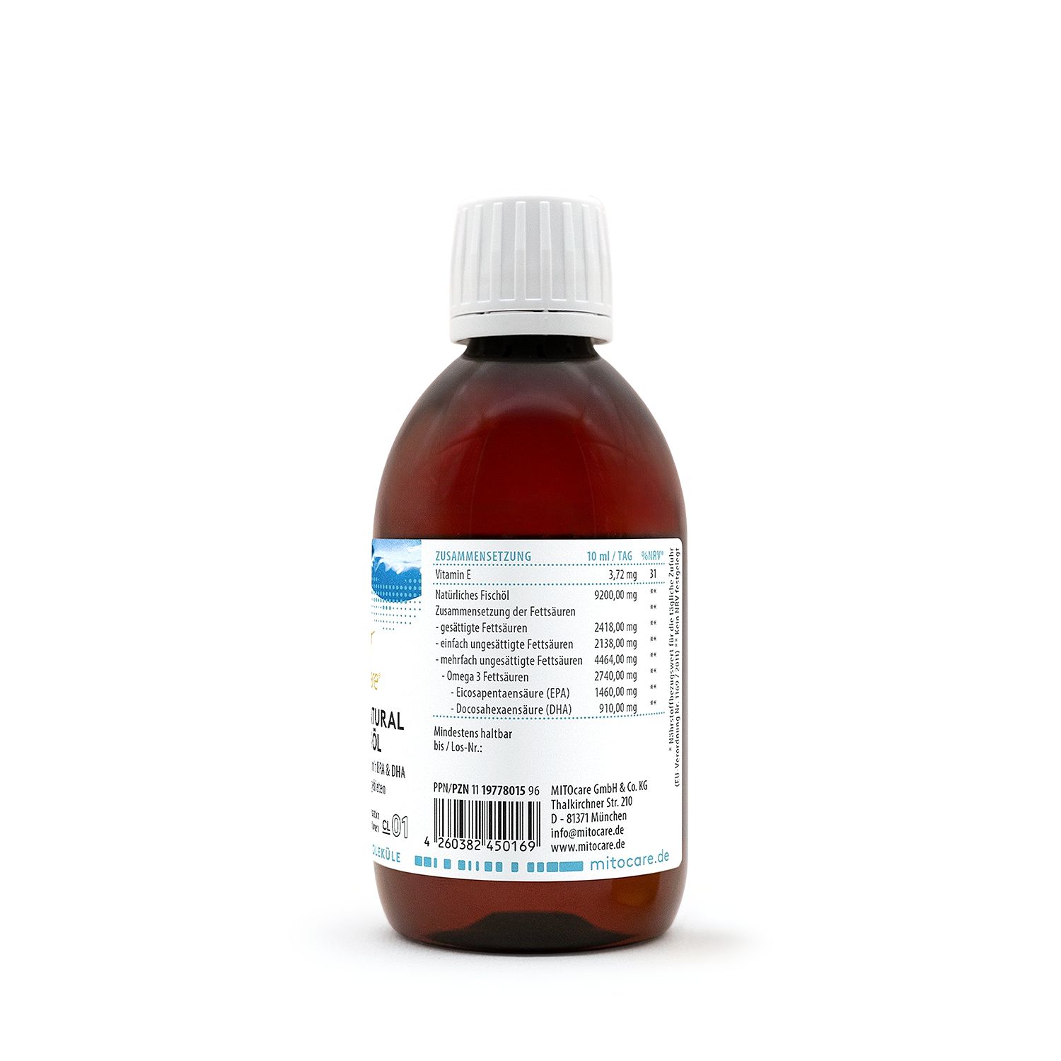 Rückseite einer braunen Glasflasche mit MITOcare® Premium Natural Omega 3 Öl, zeigt Nährwertangaben.