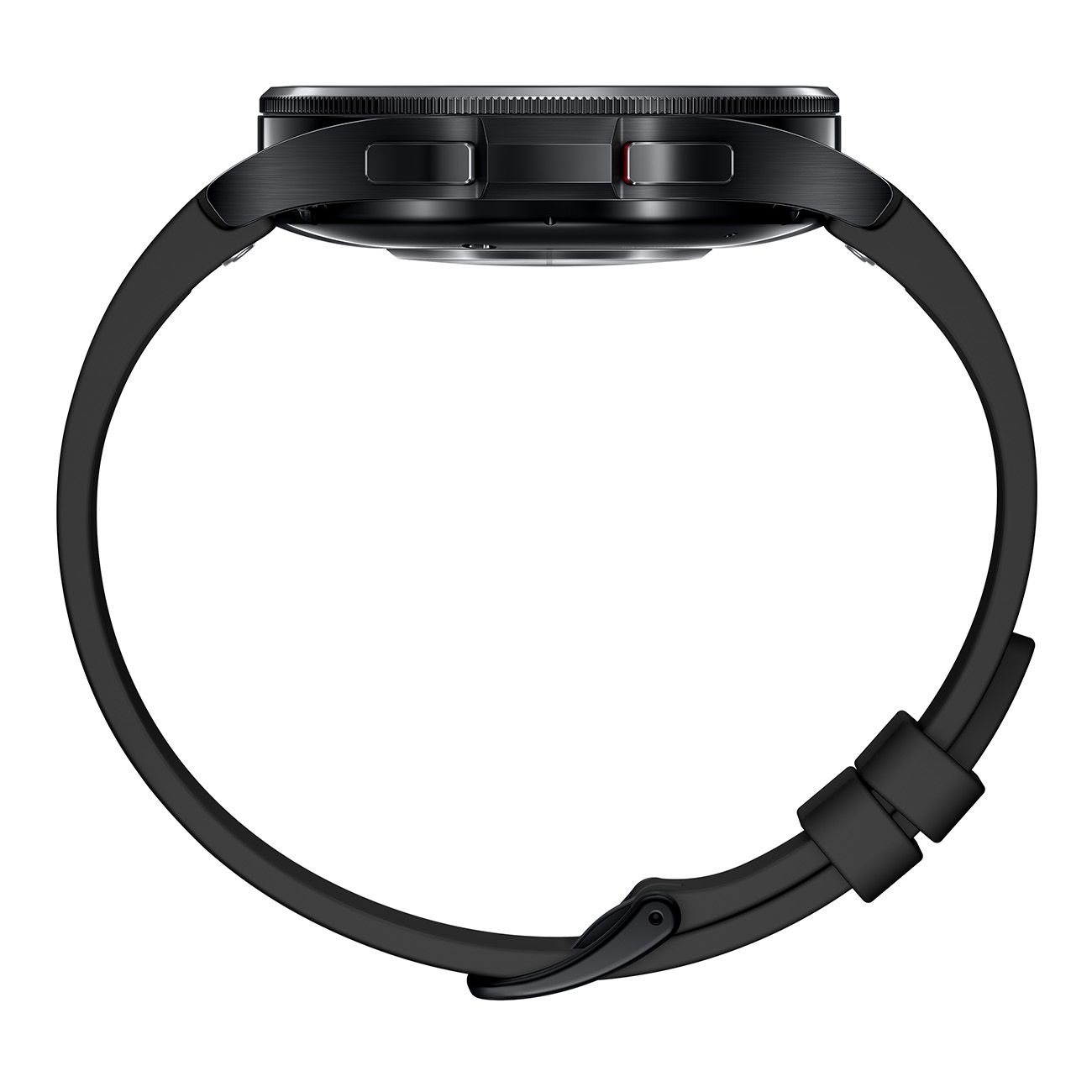 Seitenansicht einer schwarzen Smartwatch mit schwarzem Armband. Roter Akzent am Gehäuse.