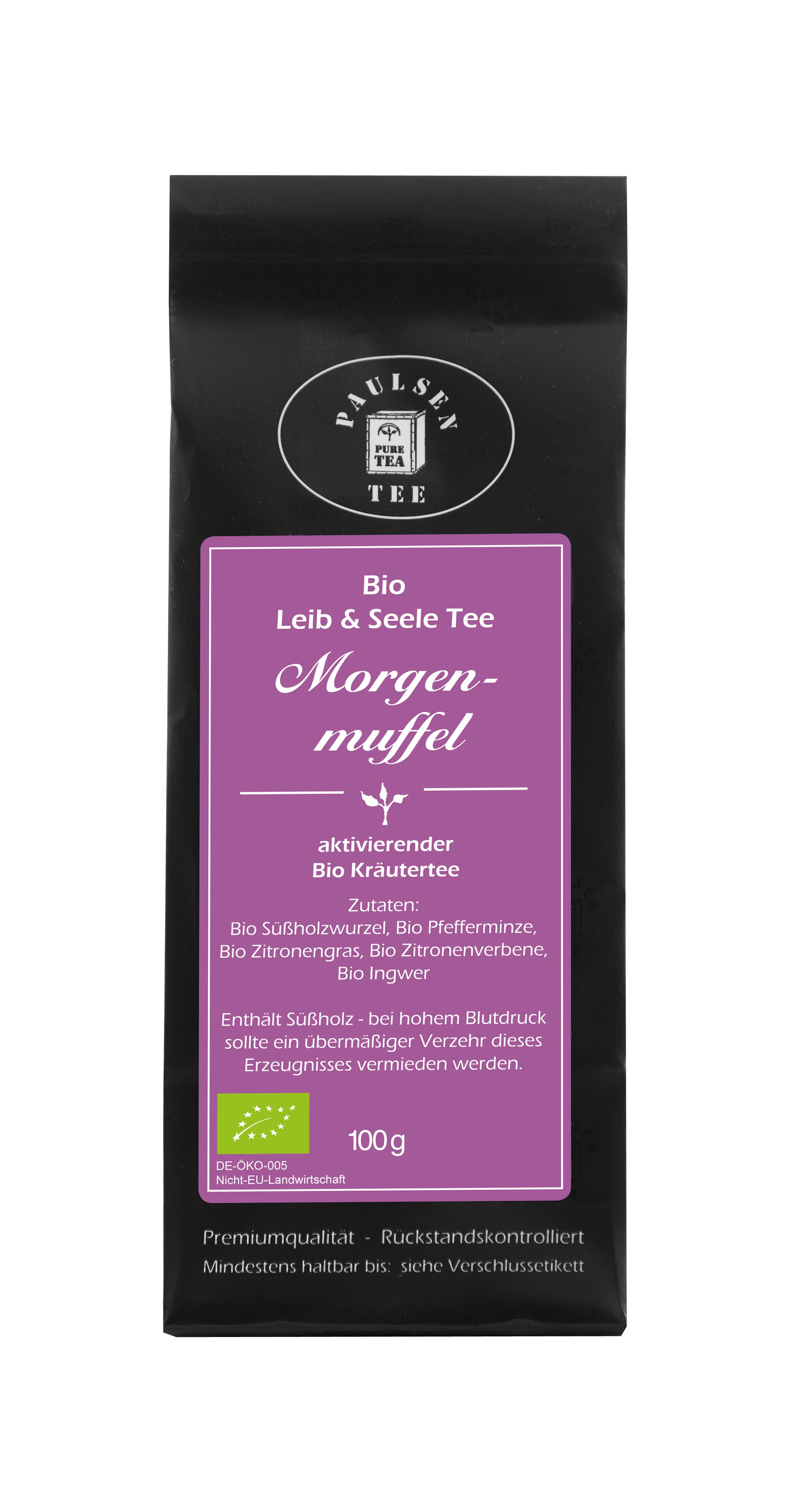 Schwarze Verpackung mit lila Etikett. Aufschrift: Paulsen Tee, Bio Morgenmuffel Kräutertee. Bio-Siegel. 100g.