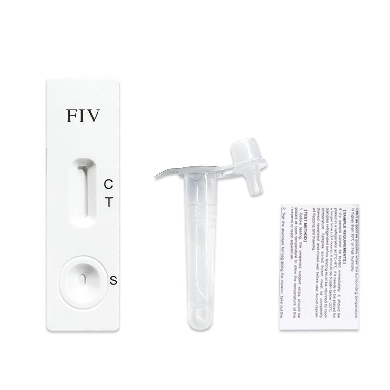 Teststreifen mit FIV-Aufdruck, Teströhrchen und Beipackzettel. Der Teststreifen hat die Markierungen C, T und S.