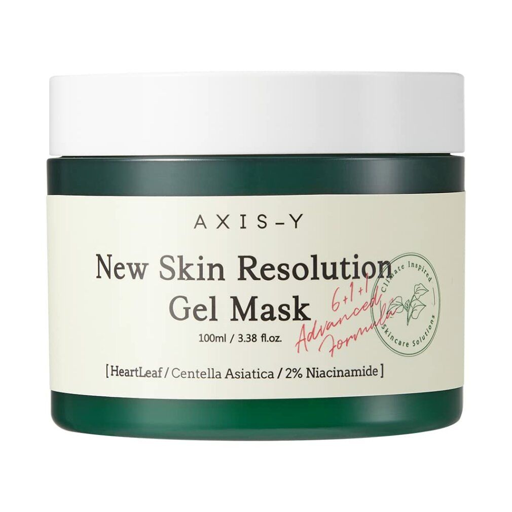 Grünes Glas mit weißem Deckel. Aufschrift: New Skin Resolution Gel Mask. Auf weißem Hintergrund.