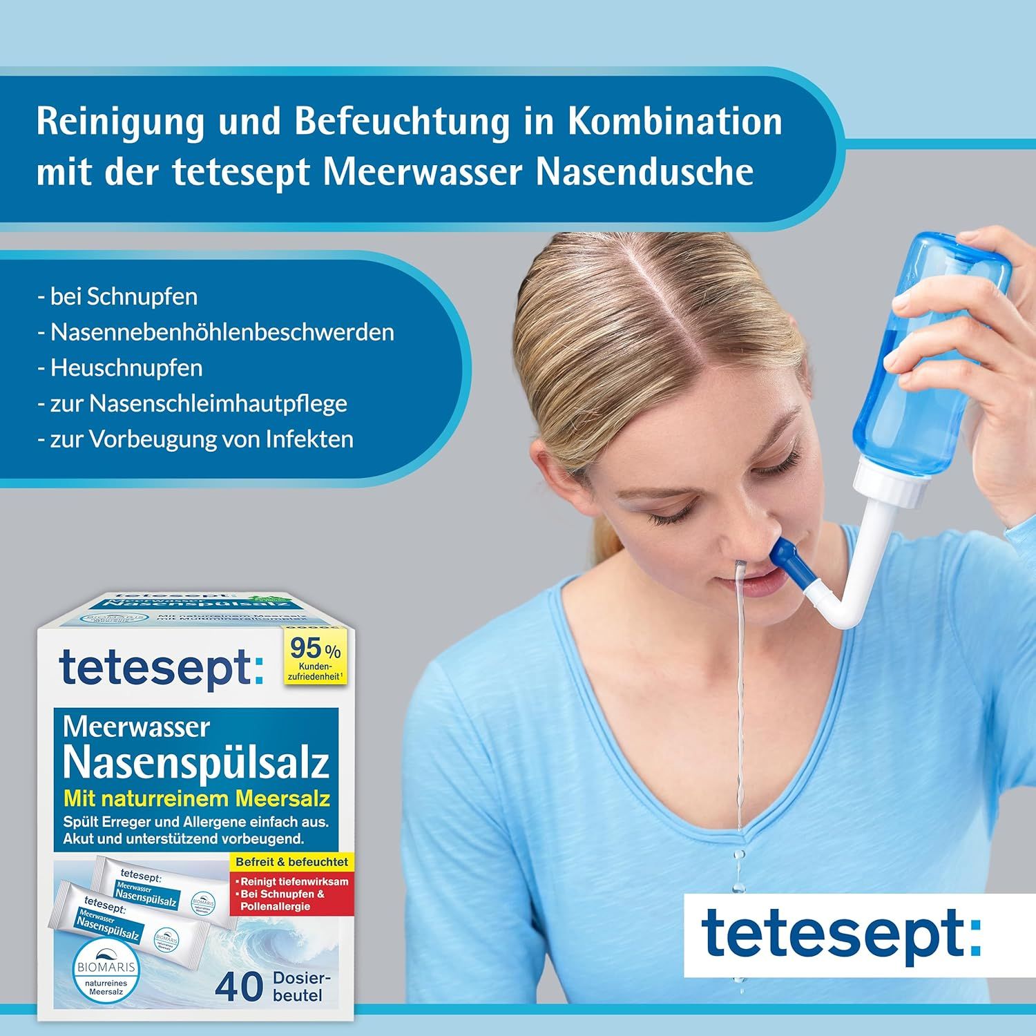 Frau benutzt Nasendusche. Neben ihr: Verpackung mit tetesept Meerwasser Nasenspülsalz. Enthält 40 Beutel. Text: Mit naturreinem Meersalz.