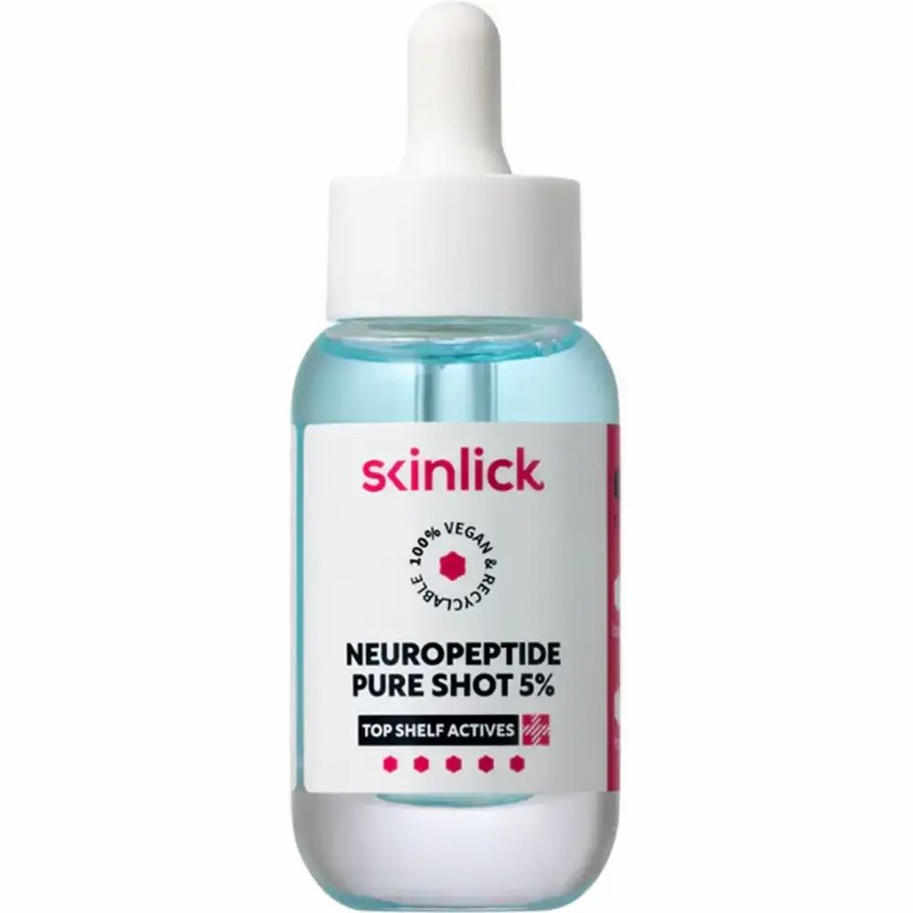 Serumflasche mit Pipette. Aufschrift Skinlick, Neuropeptide Pure Shot 5%. Vegan und recycelbar.