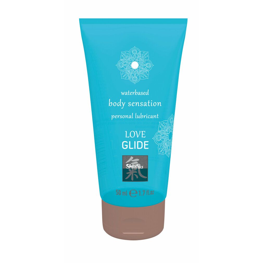 Türkisfarbene Tube mit braunem Verschluss. Aufschrift: "waterbased body sensation personal lubricant LOVE GLIDE". Logo: Shiatsu.