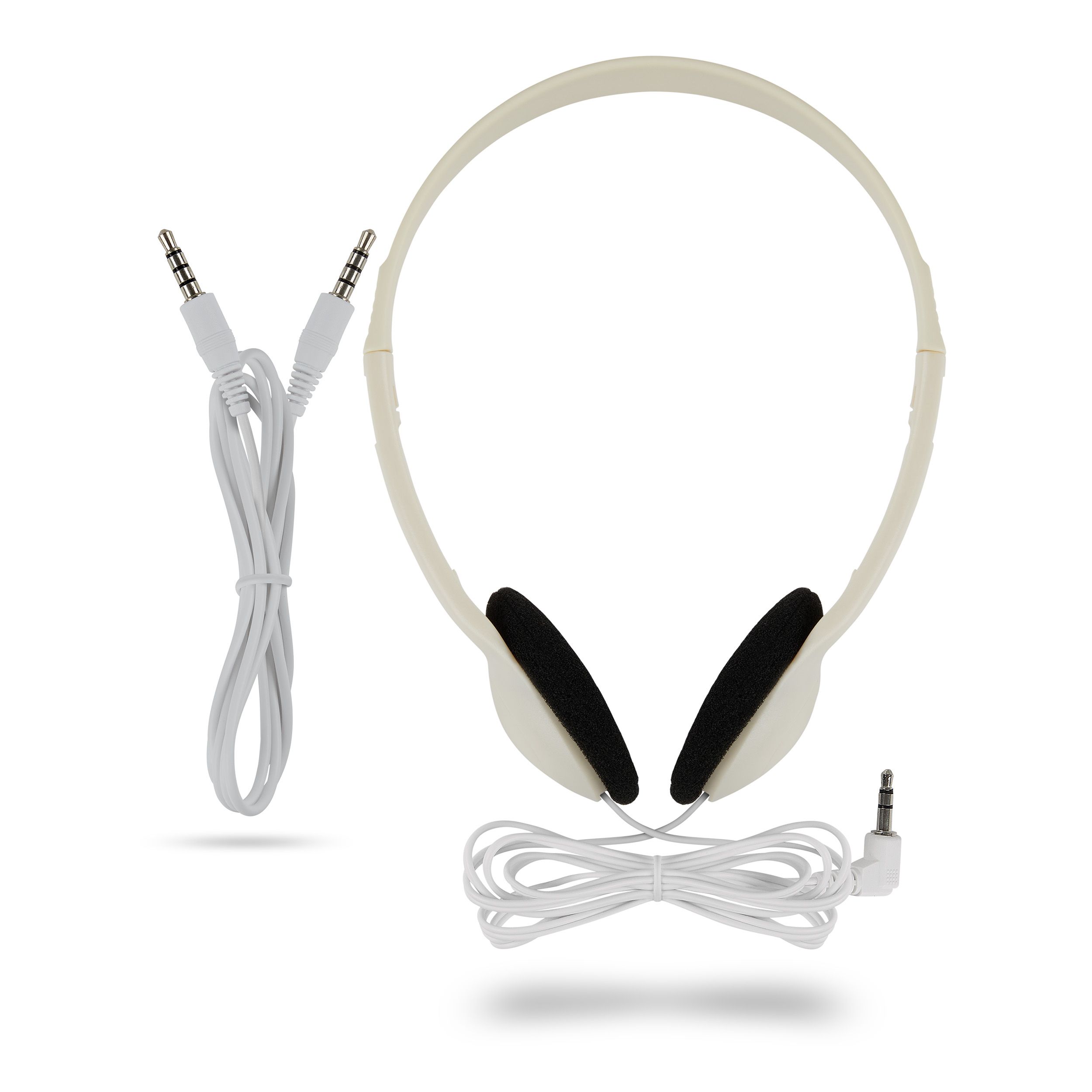 Weißer Kopfhörer mit zwei Ohrhörern und Kabeln.