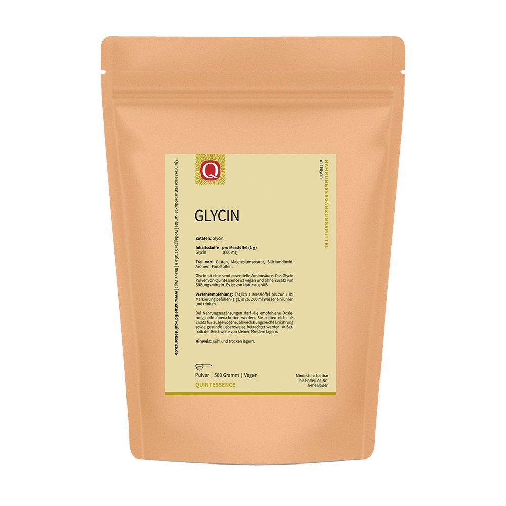 Beutel mit Pulver. Aufschrift: Glycin, Inhaltsstoffe, 500 Gramm, vegan. Logo: Q. Hintergrund: hellbraun.