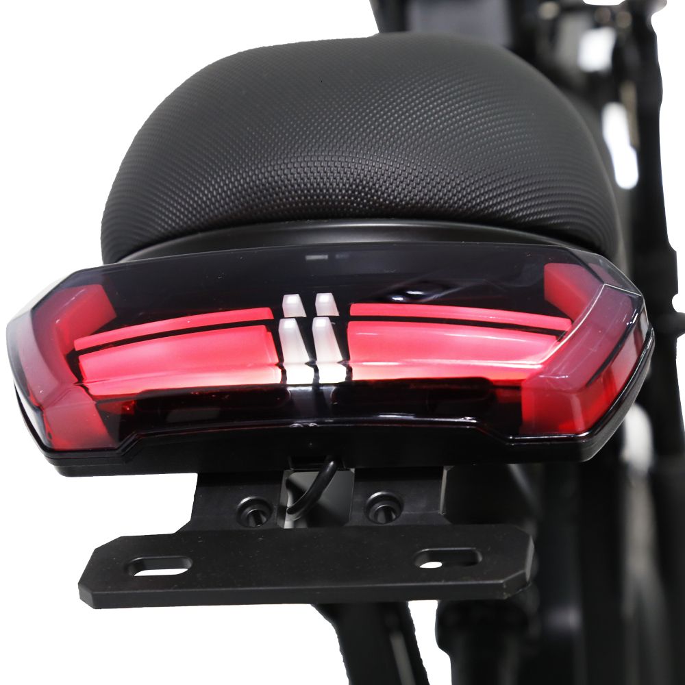 Rücklicht und Sitz des Elektro-Mountainbikes. Schwarzes Gehäuse, rote Leuchten, schwarzer Sitz.