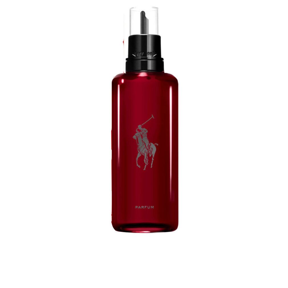 Roter Flakon mit schwarzem Sprühkopf. Logo eines Polospielers. Aufschrift: PARFUM.