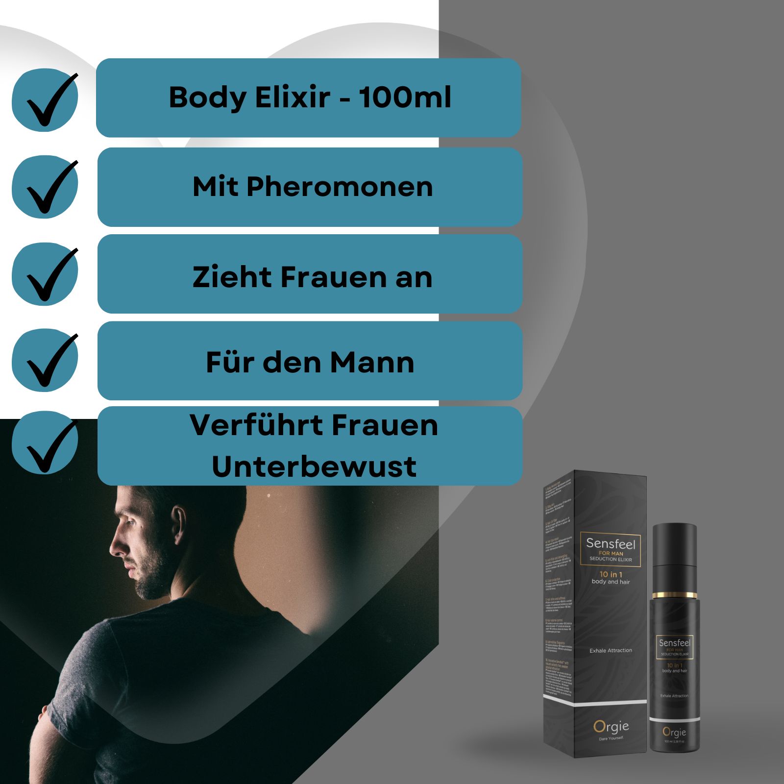 Produkt mit Text: Body Elixir, mit Pheromonen, für den Mann. Produkt und Verpackung im Hintergrund.