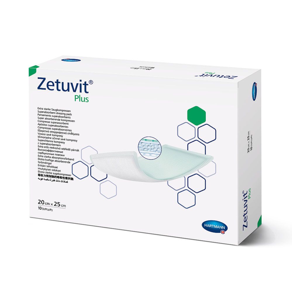 Kartonverpackung von Zetuvit Plus Wundauflagen. Produktname und Abmessungen sind deutlich sichtbar.