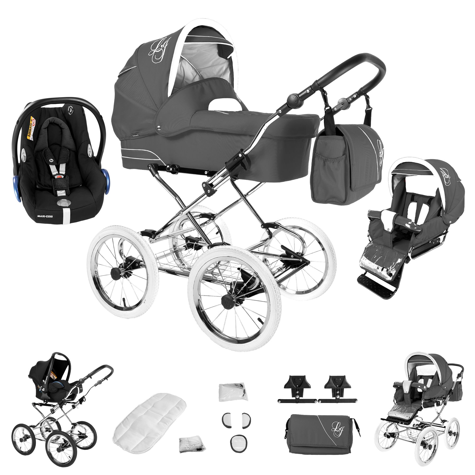 Kinderwagen-Set mit Maxi Cosi, grau. Enthält Babywanne, Sportwagenaufsatz, Babyschale, Tasche. Weißes Gestell, weiße Räder.