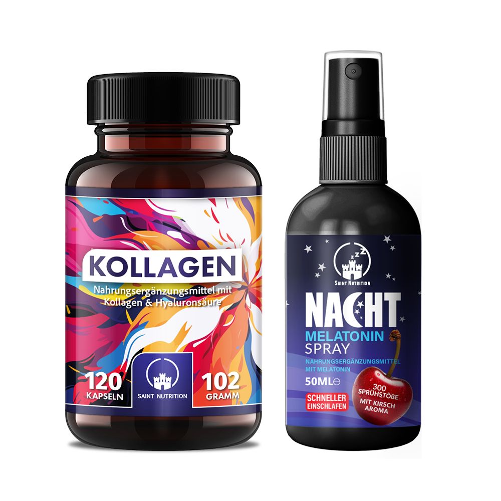 Kapseln und Spray. Kapseln mit Kollagen. Spray mit Melatonin. Schwarze Flaschen, farbige Etiketten. Saint Nutrition®.