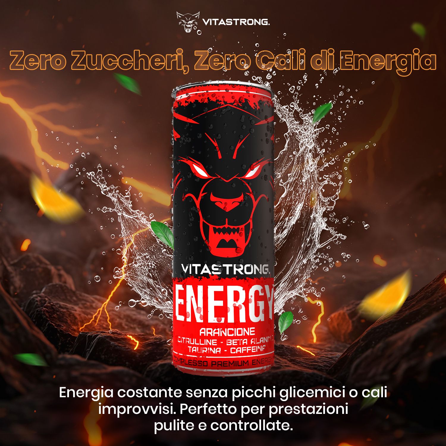 Vitastrong Energy Orange Dose. Text: Null Zucker, keine Energieeinbrüche. Orange-Scheiben und Wasser.
