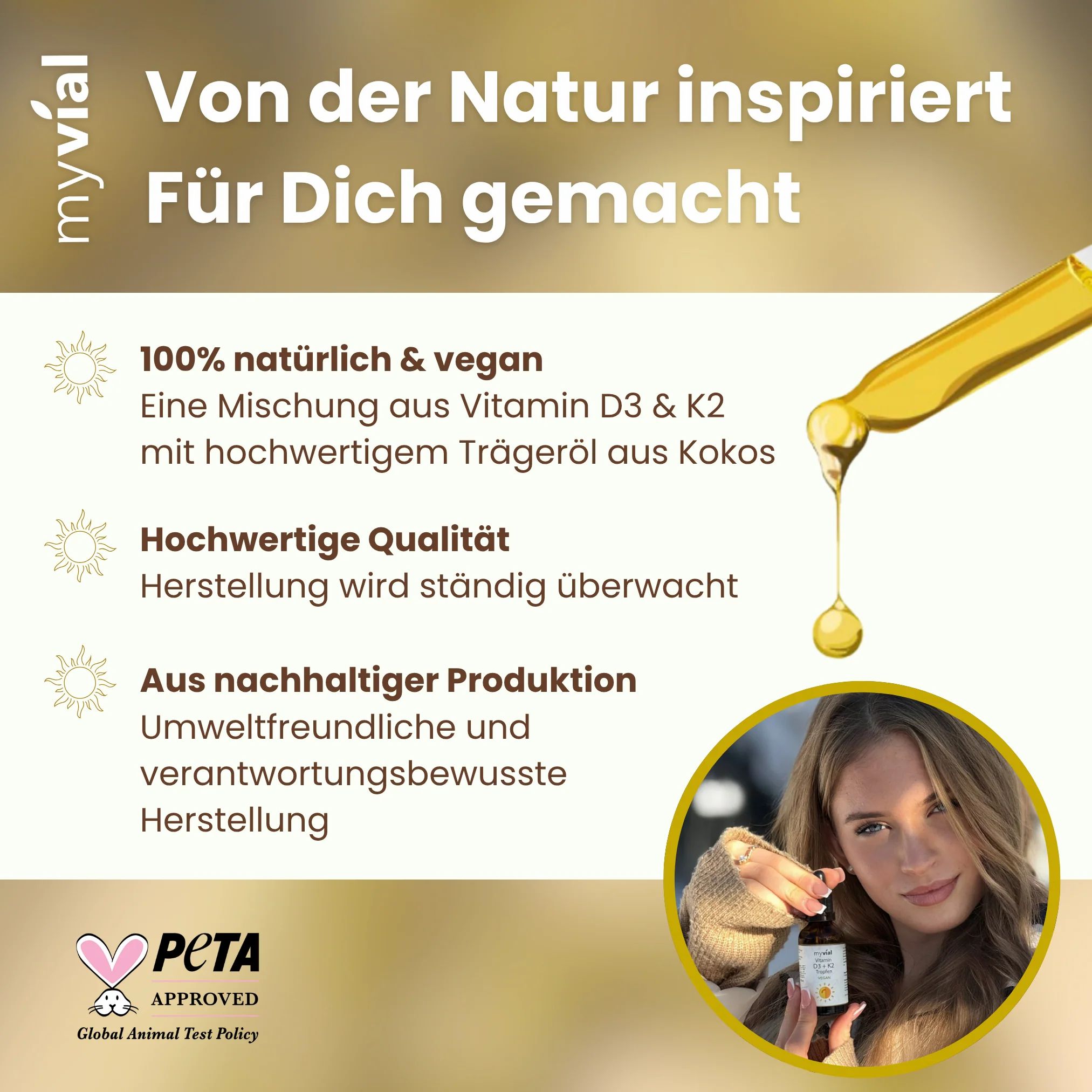Text: "Von der Natur inspiriert Für Dich gemacht". Text über Inhaltsstoffe und Qualität. PETA-Siegel. Frau hält Tropfflasche.
