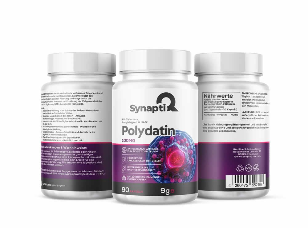 Drei weiße Kunststoff-Behälter mit "SynaptiQ" und "Polydatin" Aufdruck. Lila Etiketten mit Text und Zell-Illustration.