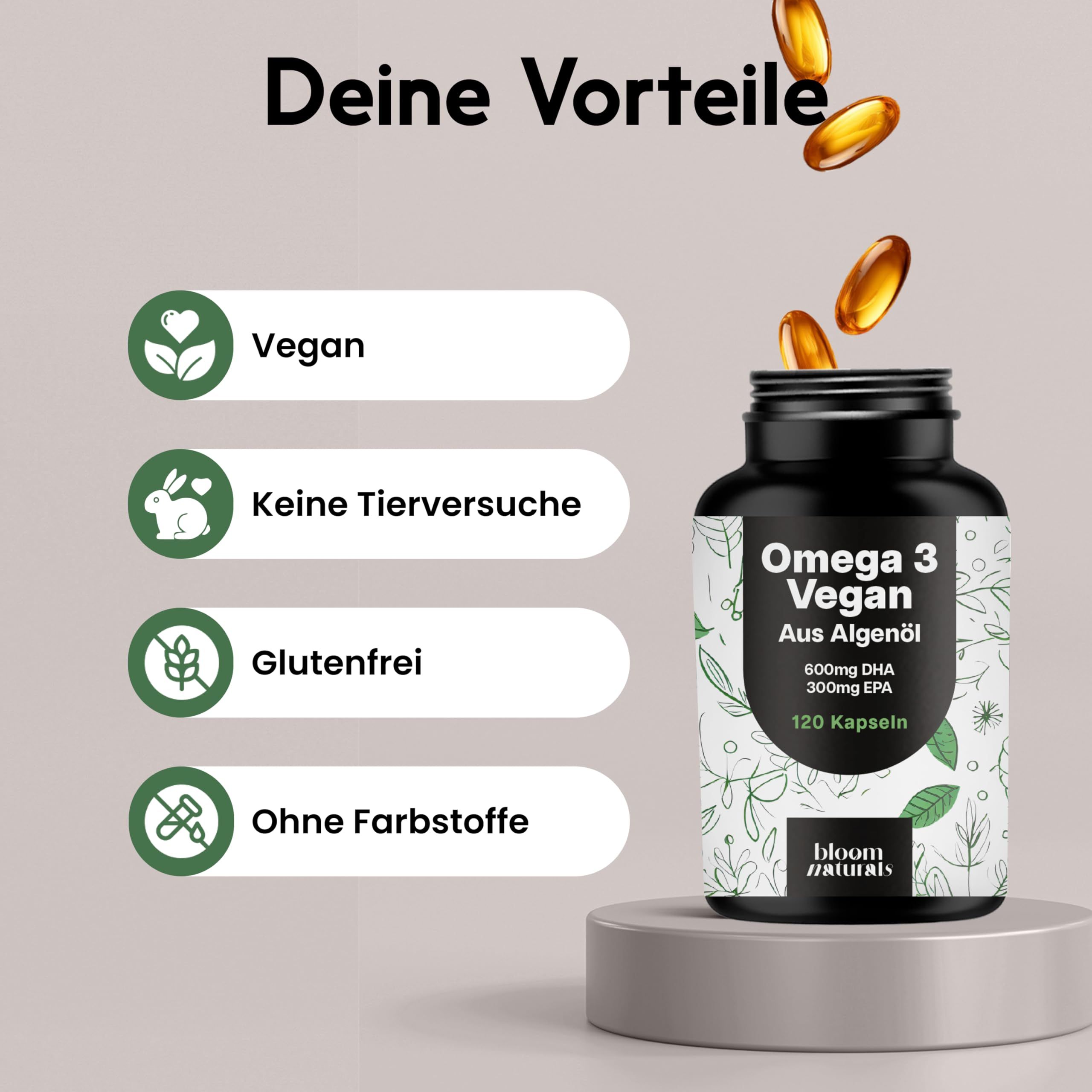 Flasche mit Kapseln. Text: Vegan, Keine Tierversuche, Glutenfrei, Ohne Farbstoffe, 120 Kapseln.