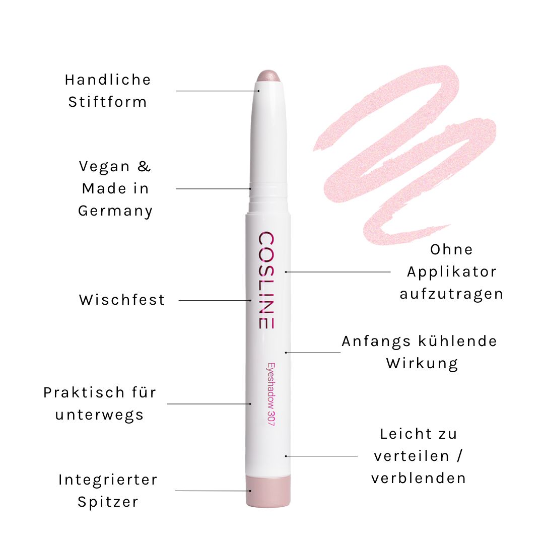 Weißer Stift-Lidschatten von Cosline. Aufschrift: "Cosline Eyeshadow 307". Auf der Verpackung sind mehrere Eigenschaften aufgeführt.