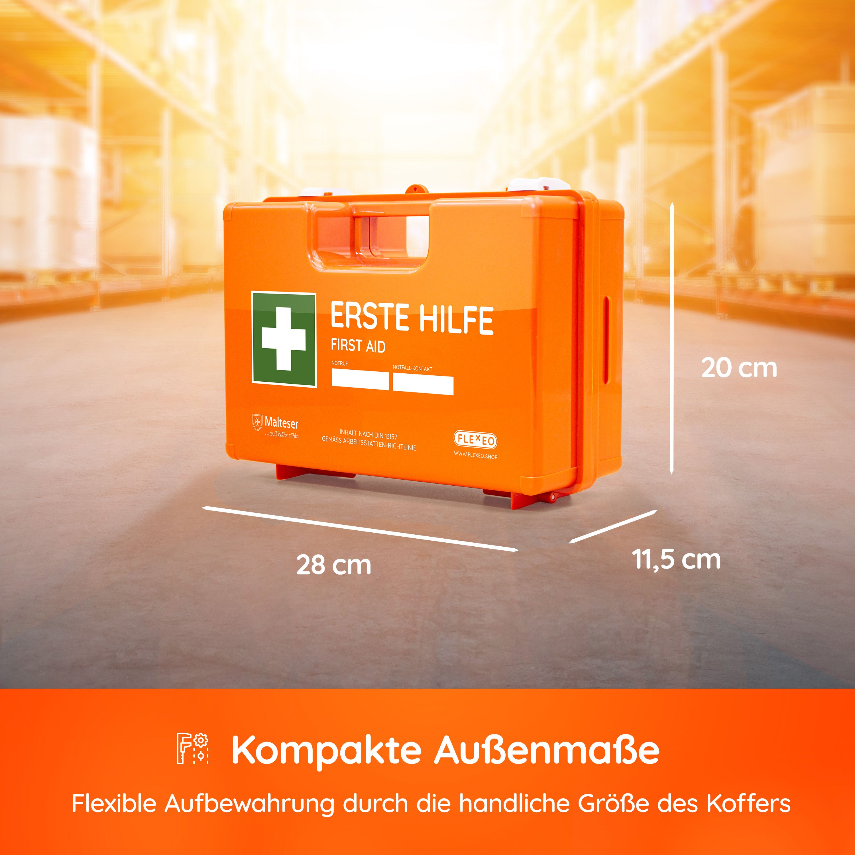 Orangefarbener Erste-Hilfe-Koffer. Maße: 28 x 20 x 11,5 cm. Aufschrift: Erste Hilfe, Malteser Logo, Flexeo. DIN 13157.