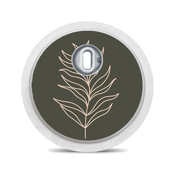 Runder Aufkleber mit Blattmuster. Dunkelgrüner Hintergrund, beiges Blatt. Für FreeStyle Libre 3.