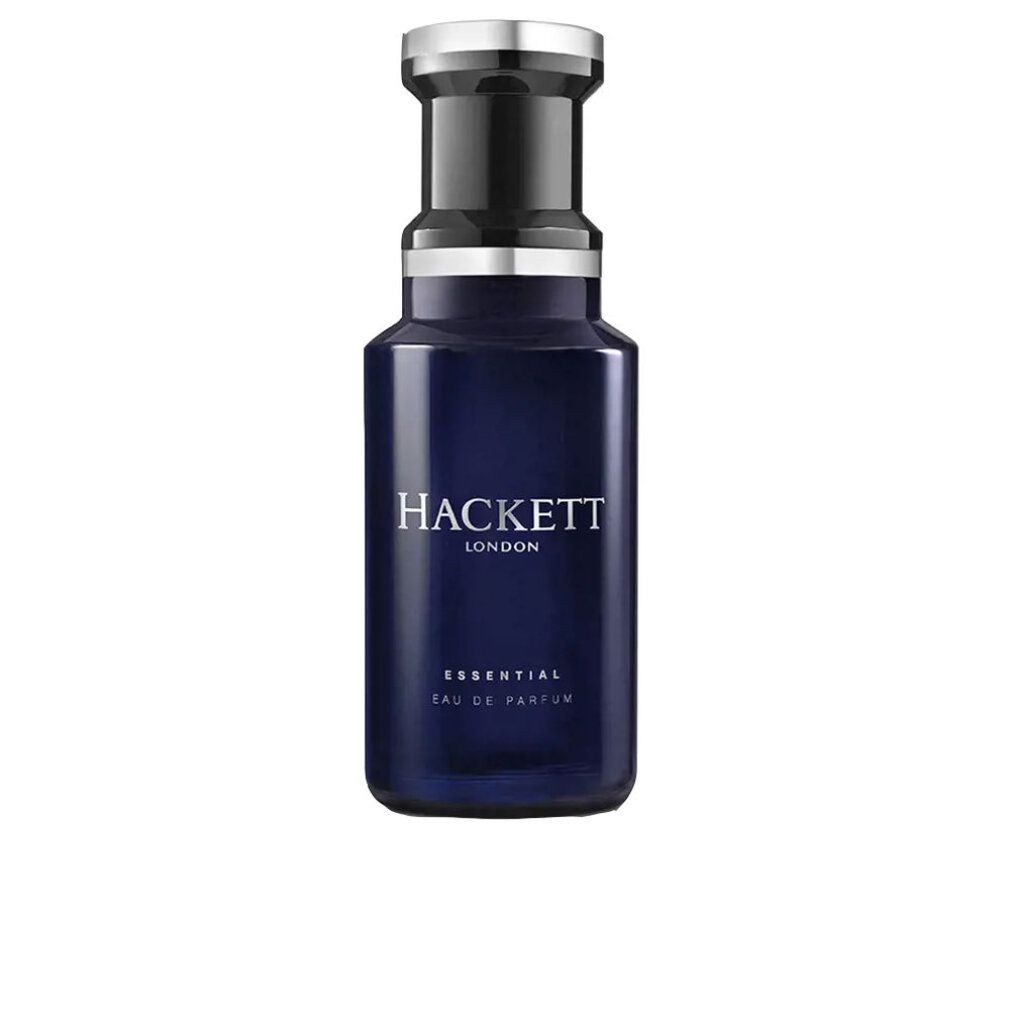 Dunkelblaue Flasche mit silbernem Deckel. Aufschrift: HACKETT LONDON, ESSENTIAL, Eau de Parfum.