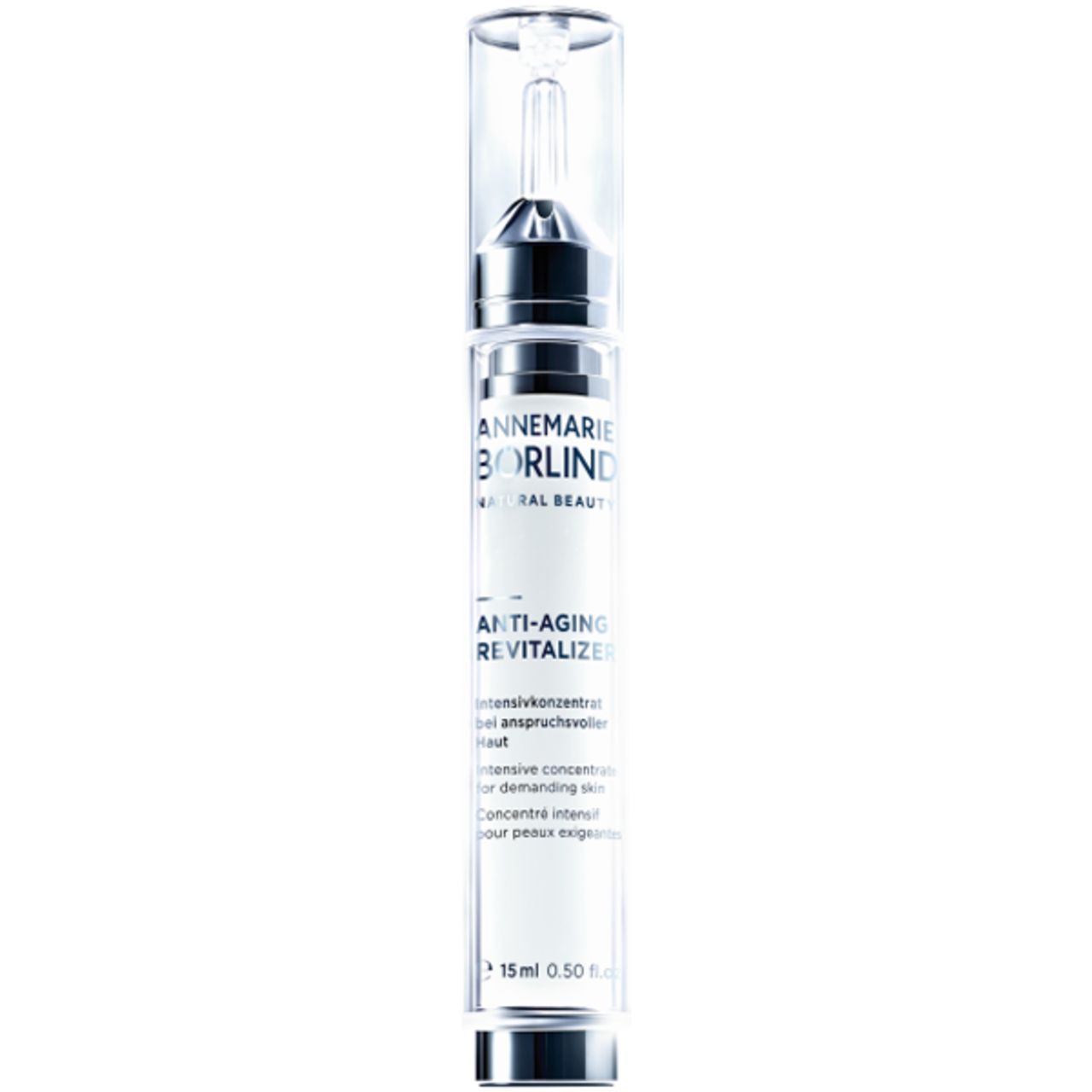 Serumflasche mit silbernem Verschluss und durchsichtiger Kappe. Beschriftung: ANTI-AGING REVITALIZER.