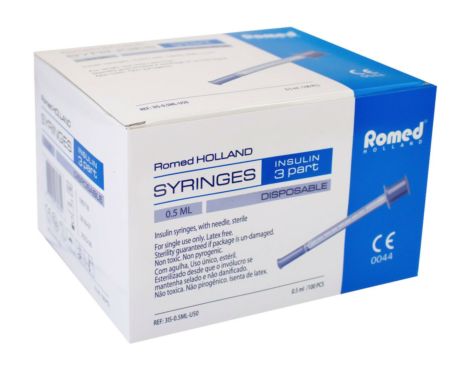 Karton mit Spritzen. Aufschrift: Romed, Syringes, 0,5 ml, 3-teilig, Disposable. Mit CE-Kennzeichnung.