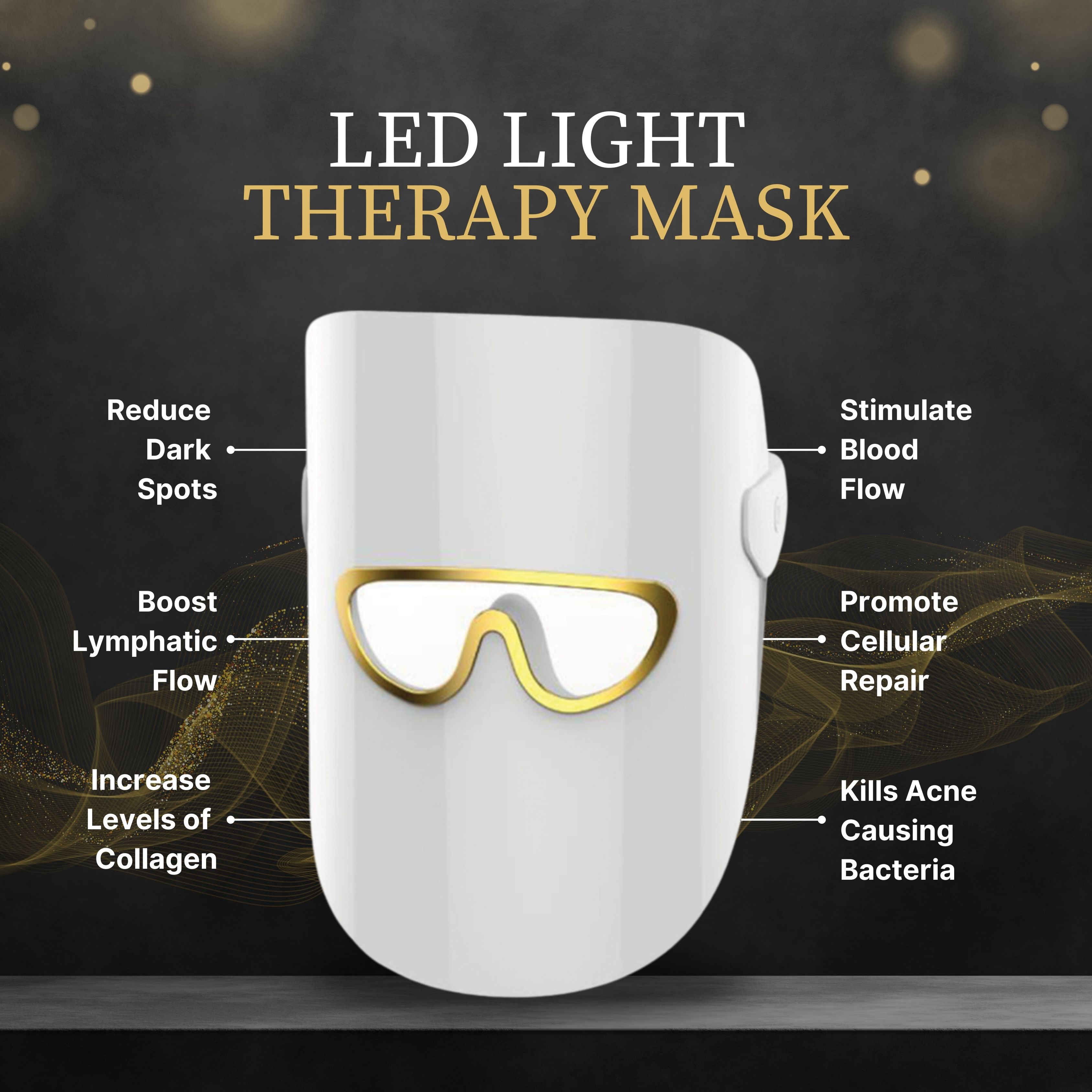 Weiße LED-Lichttherapie-Maske mit goldenen Akzenten, mit Text zu Vorteilen wie 'Reduce Dark Spots'.