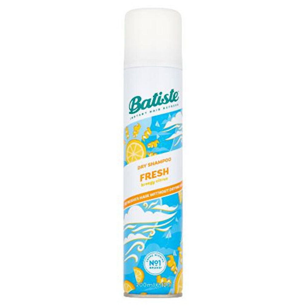 Trockenshampoo-Spraydose. Weißer Deckel. Gelbe Zitronen-Illustrationen. Aufschrift: Batiste, Fresh, Trockenshampoo.