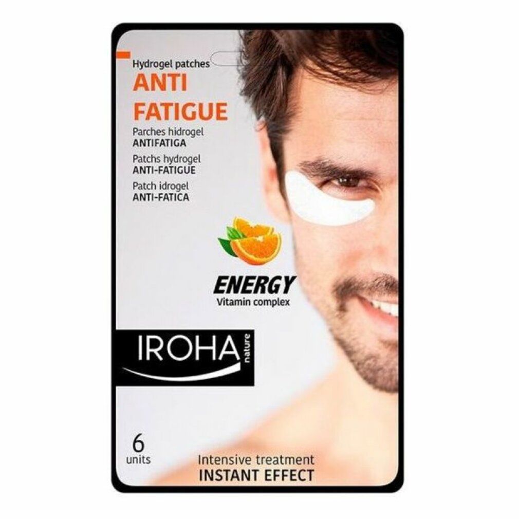 Verpackung mit Augen-Hydrogel-Pflastern. Text: Anti-Fatigue, IROHA, 6 Stück, Vitamin-Komplex, Instant-Effekt.