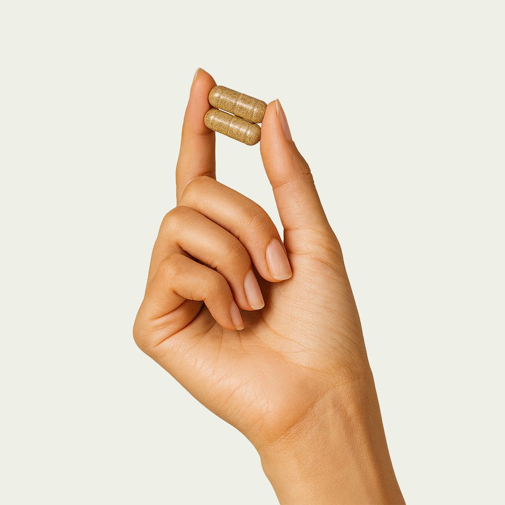 Hand hält zwei Kapseln. Heller Hintergrund.